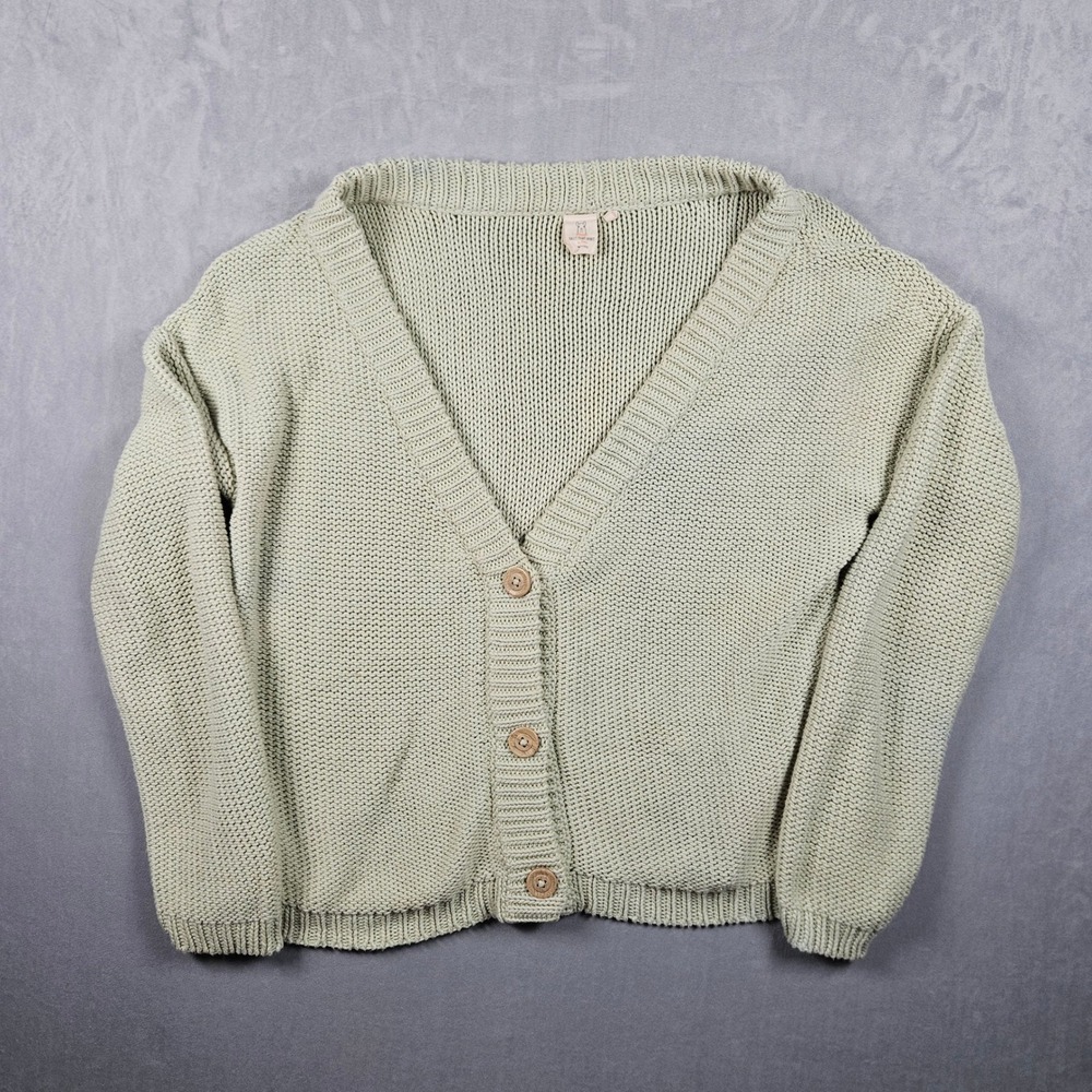 Shxt That I Knit Cardigan Sweater Womens Medium Sage Green Pima Cotton V-Neck